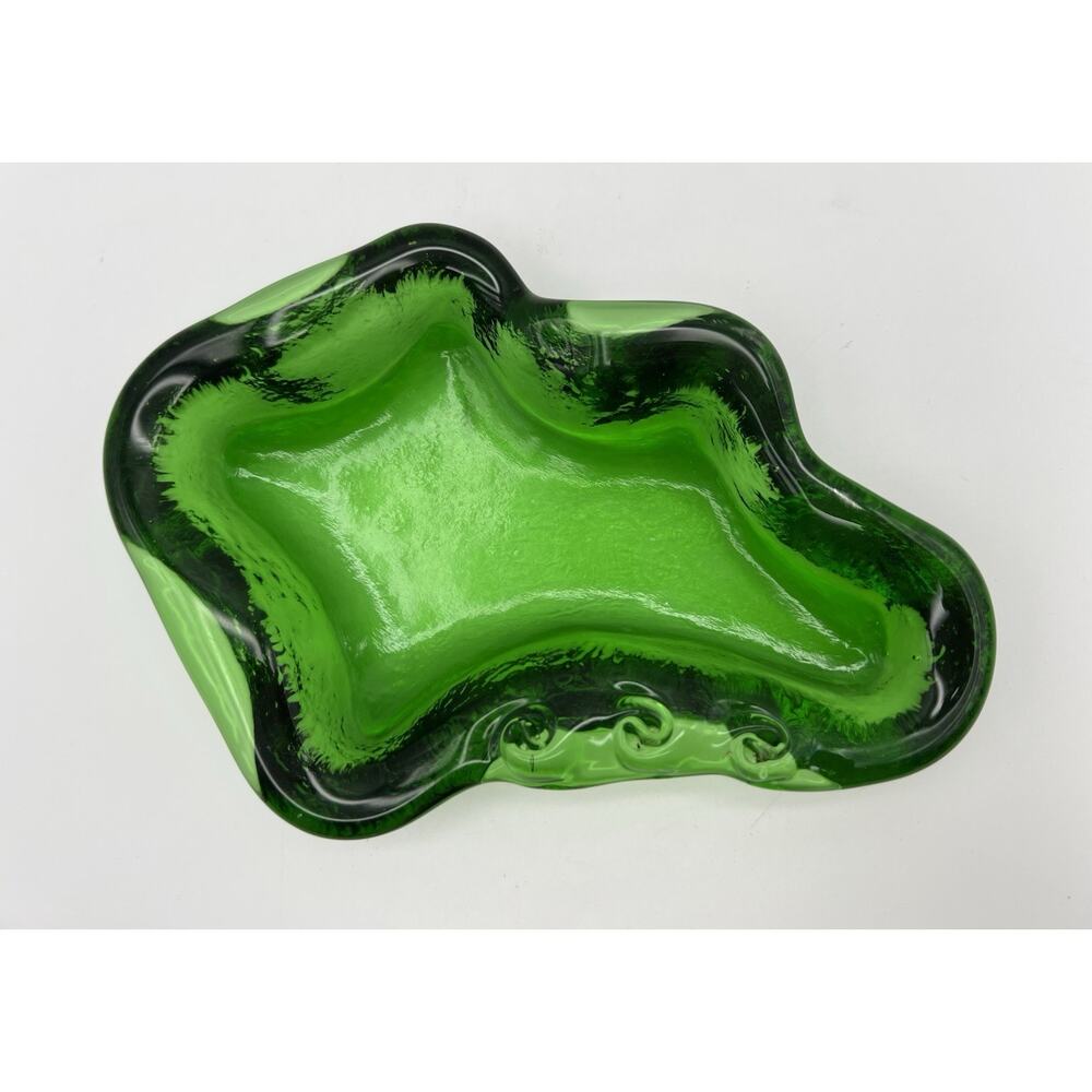 Vintage 1960's BLENKO Amoeba Freeform Art Glass Green Ashtray Trinket Dish